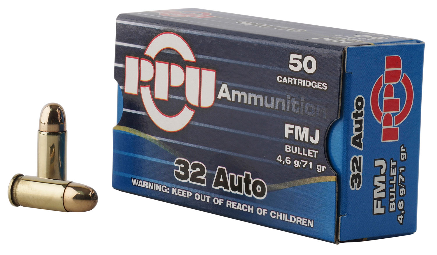 PPU Handgun .32 ACP 71 Grain Full Metal Jacket Brass Cased Pistol Ammunition