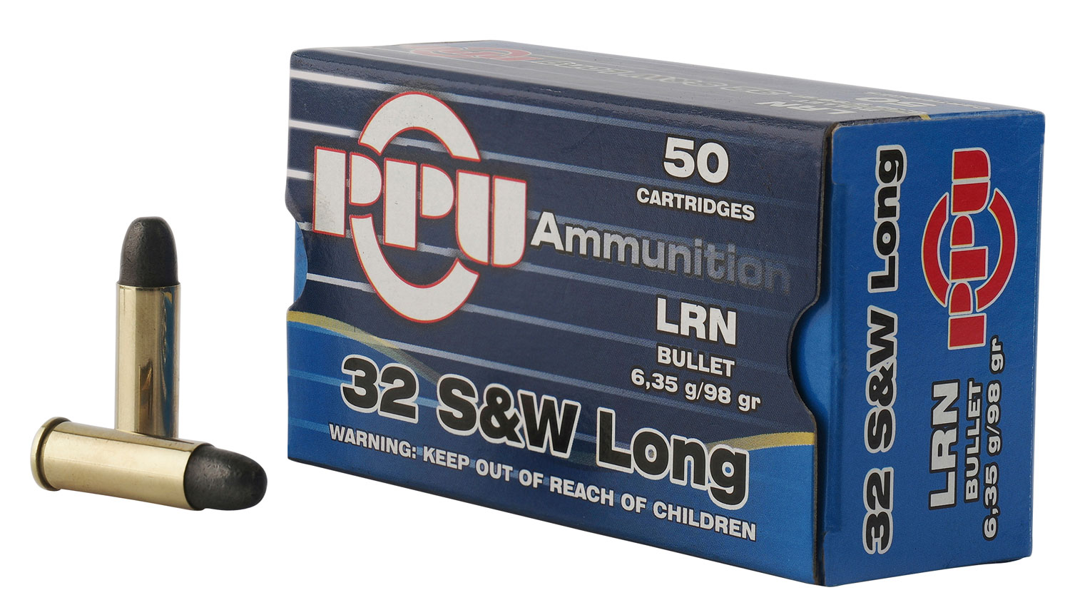 PPU Handgun .32 S&W Long 98 Grain Lead Round Nose Brass Cased Pistol Ammunition
