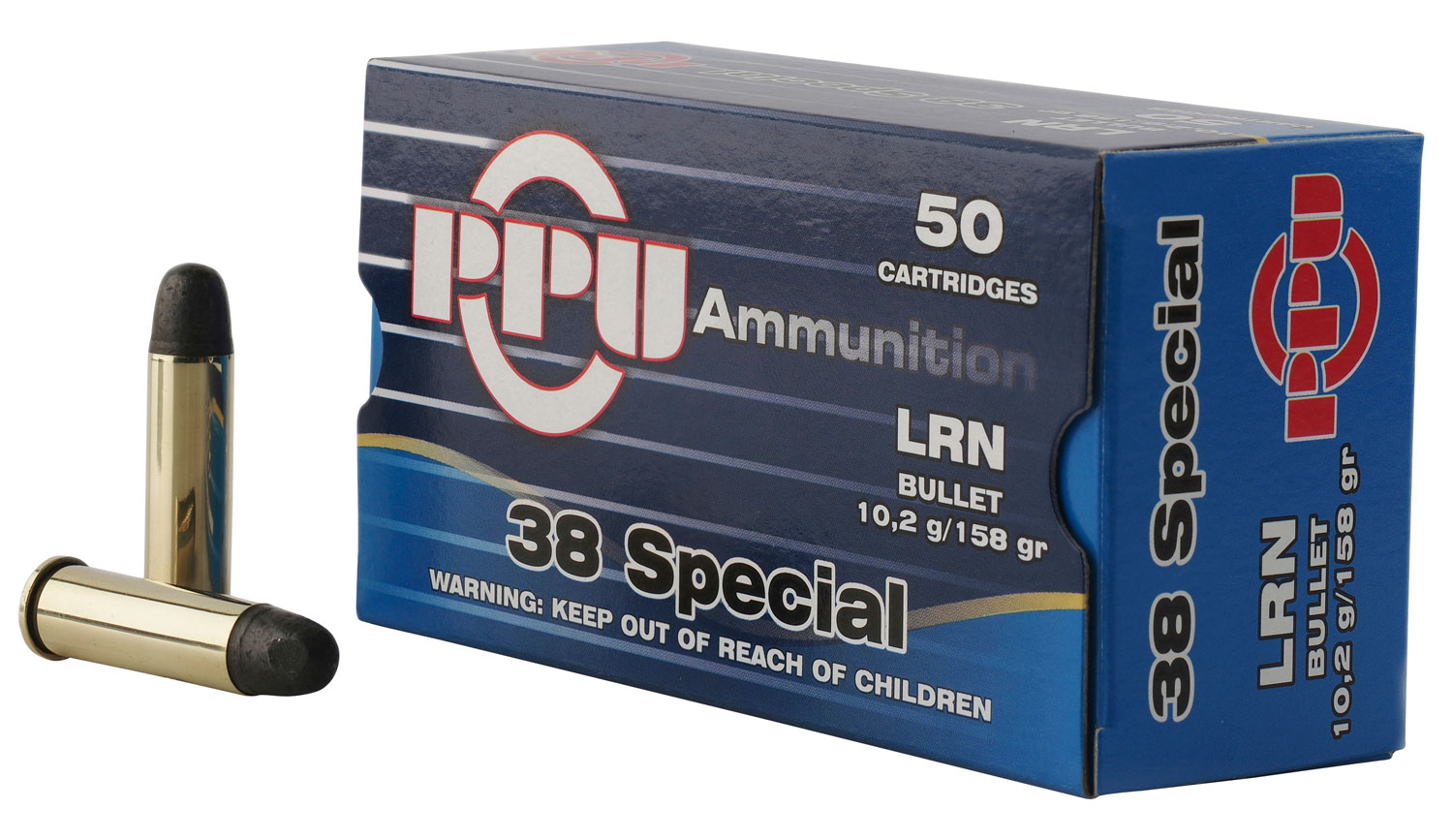 PPU Handgun .38 Special 158 Grain Lead Round Nose Brass Cased Pistol Ammunition