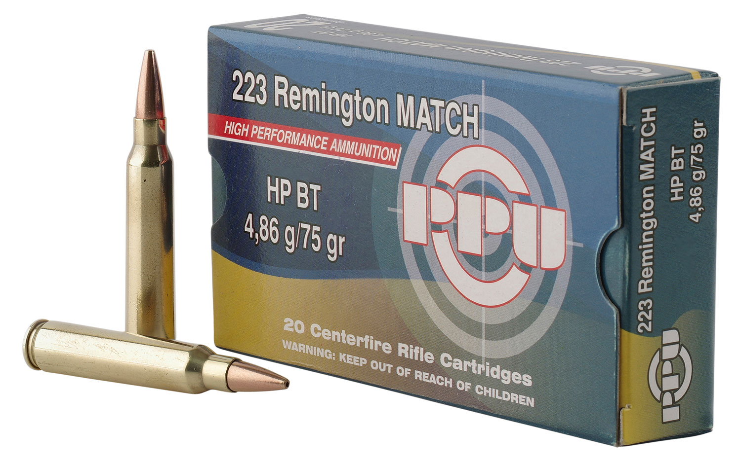 PPU Match .223 Remington 75 Grain Hollow Point Boat Tail Brass Cased Rifle Ammunition