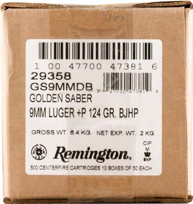 Remington Premier Golden Saber 9mm Luger +P Brass Jacketed Hollow Point Nickel-Plated Brass Cased Pistol Ammunition