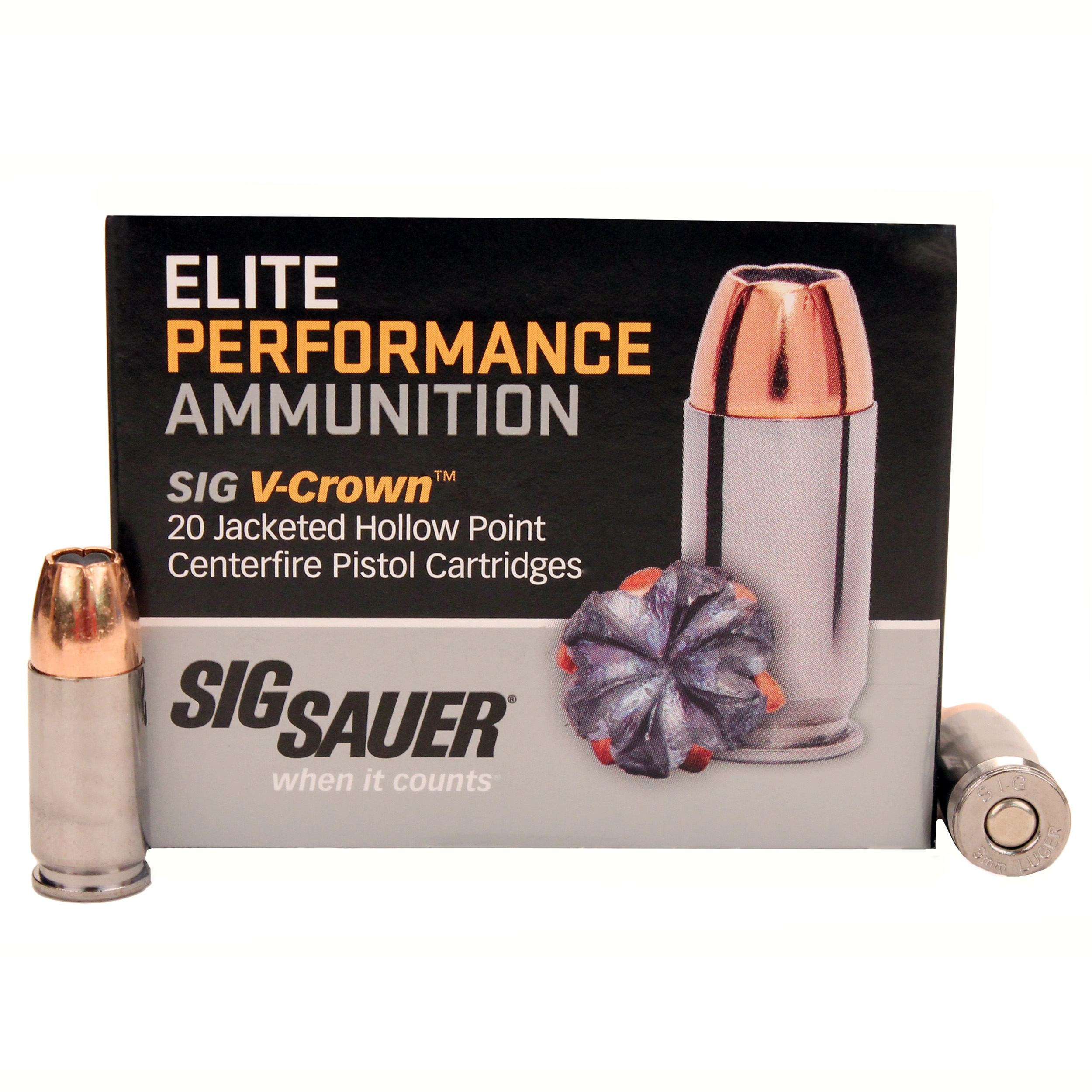 SIG SAUER V-Crown Ammo 9 mm Luger 147 grain Jacketed Hollow Point Brass Cased Centerfire Pistol Ammunition