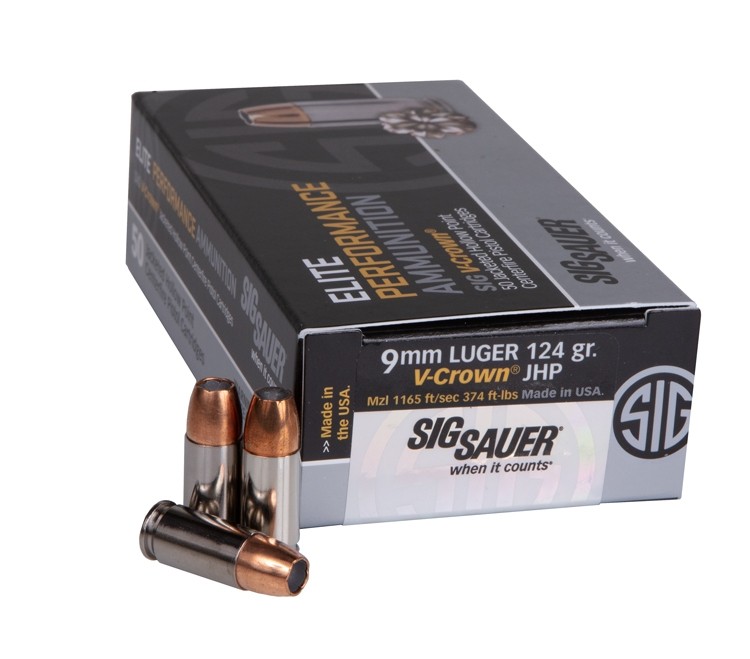 SIG SAUER Elite V-Crown 9mm Luger +P 124 Grain Jacketed Hollow Point (JHP) Nickel-Plated Brass Centerfire Pistol Ammunition