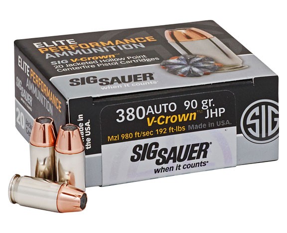 Sig Sauer V Crown Ammo 380 Acp 90 Grain Jacketed Hollow Point Brass Cased Centerfire Pistol Ammunition W Free Shipping And Handling