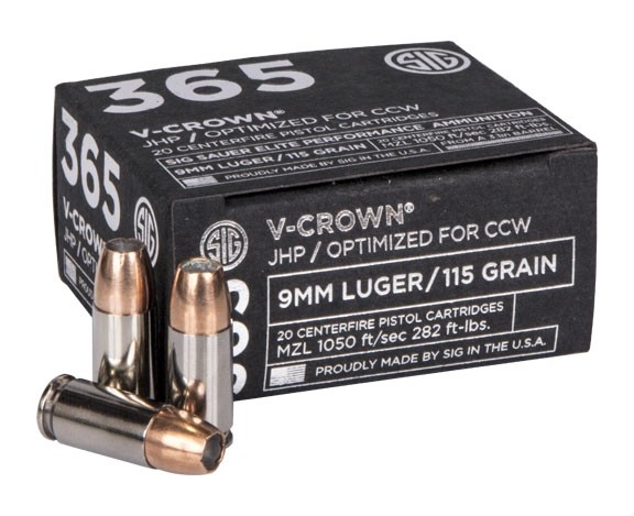 SIG SAUER Elite V-Crown P365 9 mm Luger 115 grain Jacketed Hollow Point  Brass Cased Centerfire Pistol Ammunition | 25% Off Free Shipping over $49!