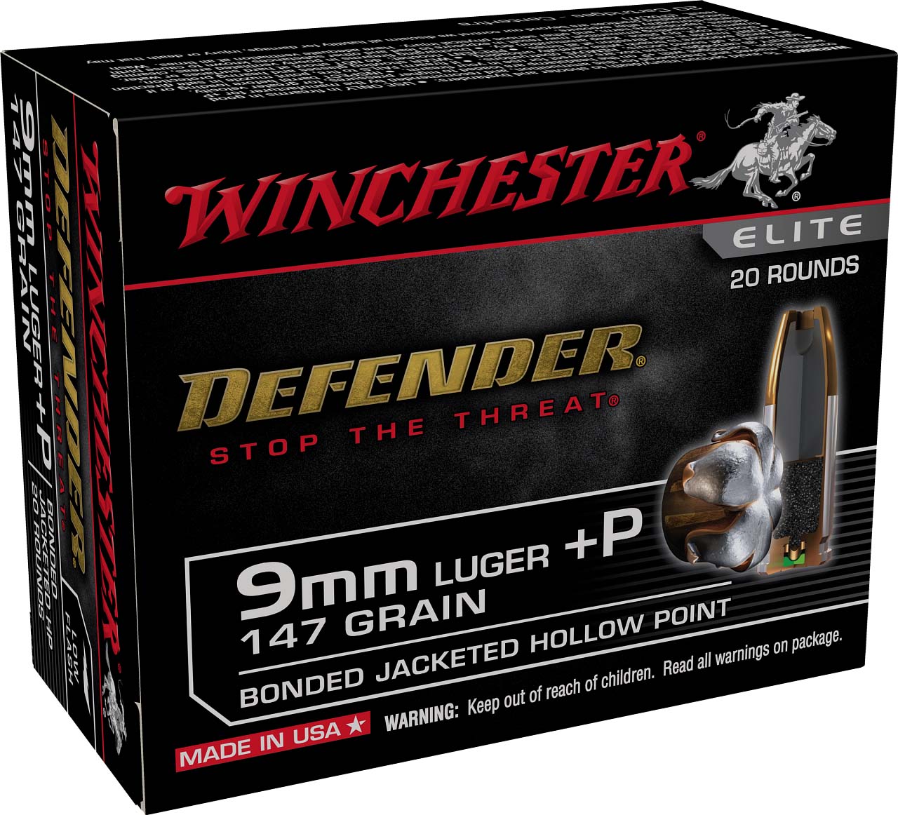 Winchester Defender 9 mm Luger +P 147 Grain Bonded Jacketed Hollow Point Centerfire Pistol Ammunition