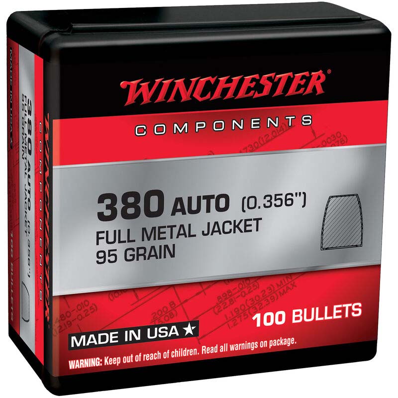 Winchester Ammo Centerfire Handgun Reloading 380 ACP .356 95 Gr Full Metal Jack WB380MC95X