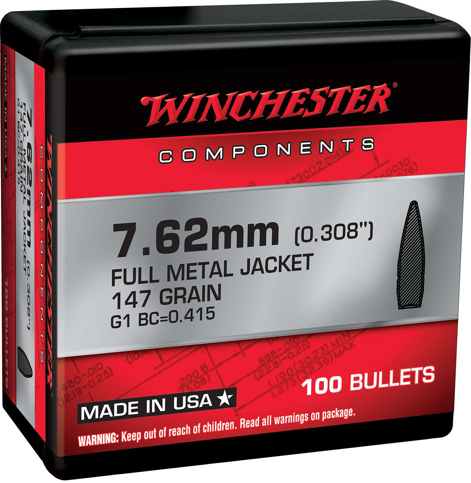 Winchester Ammo Centerfire Rifle Reloading, 7.62mm .308, 147 Grain