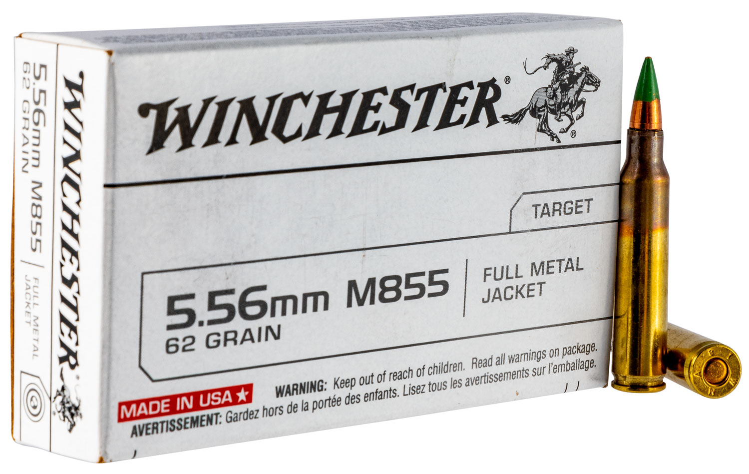 Winchester USA White Box 5.56 NATO 62 Grain Full Metal Jacket Brass Rifle Ammunition