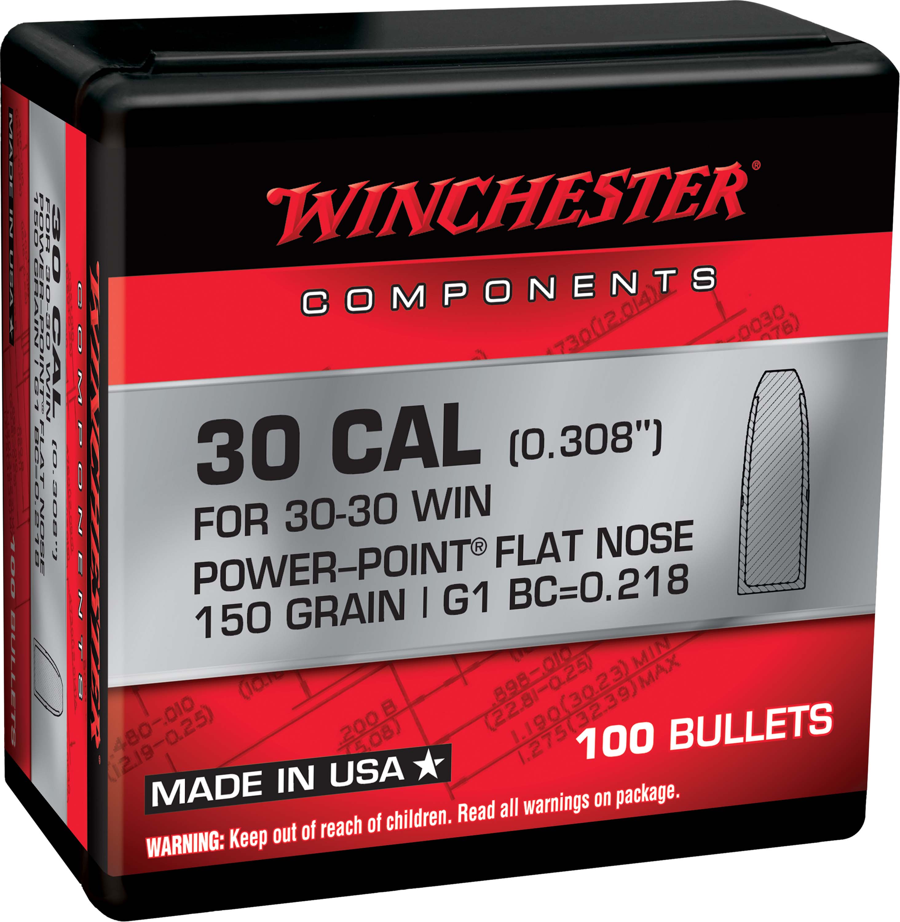 Winchester Rifle Bullets, 30-30 Win, 150 Grain, Flat Nose Lead