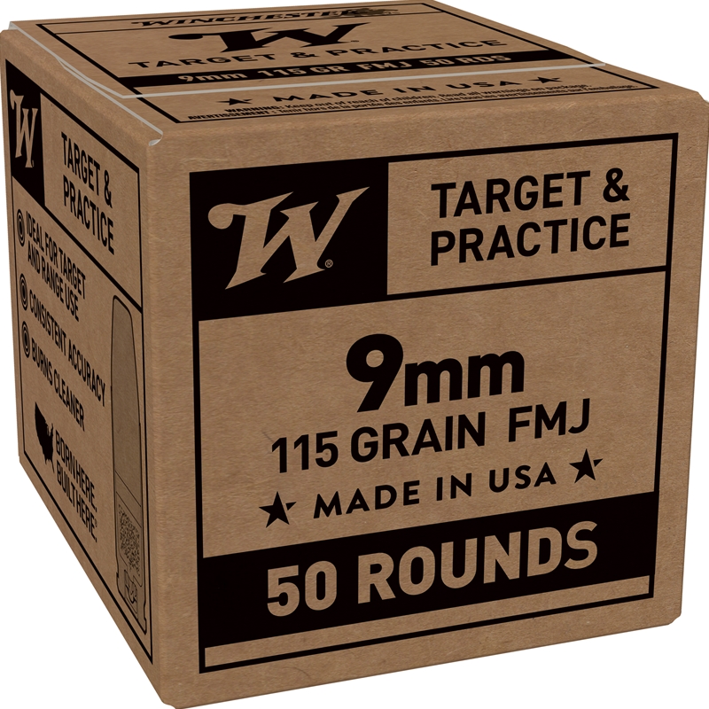 Winchester Target & Practice 9mm Luger 115 Grain Full Metal Jacket (FMJ) Brass Cased Pistol Ammunition