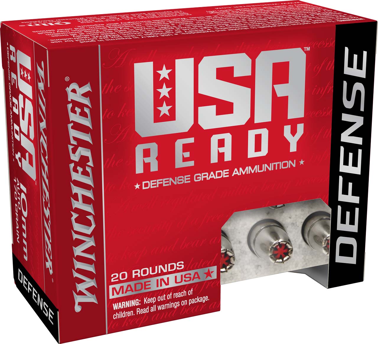 Winchester USA Ready 10mm 170 Grain Hex Vent Hollow Point Brass Pistol Ammunition