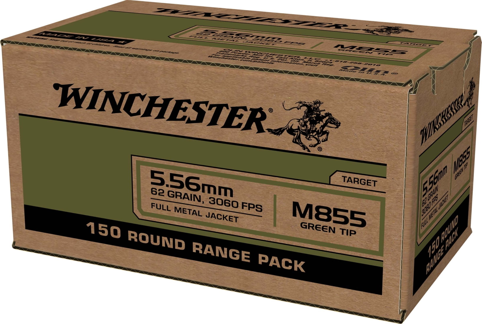 Winchester USA 5.56x45mm NATO 62 grain Green Tip (M855) Full Metal ...